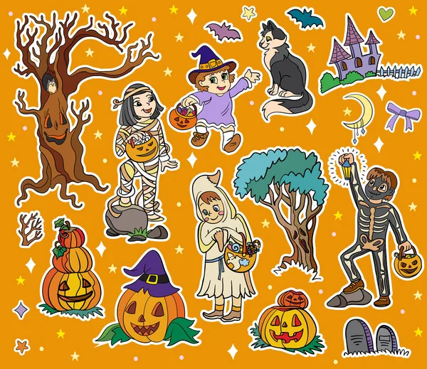 Halloween Personajes Elementos Conjunto Pegatinas Bruja Fantasma Esqueleto Concepto Halloween — Vector de stock