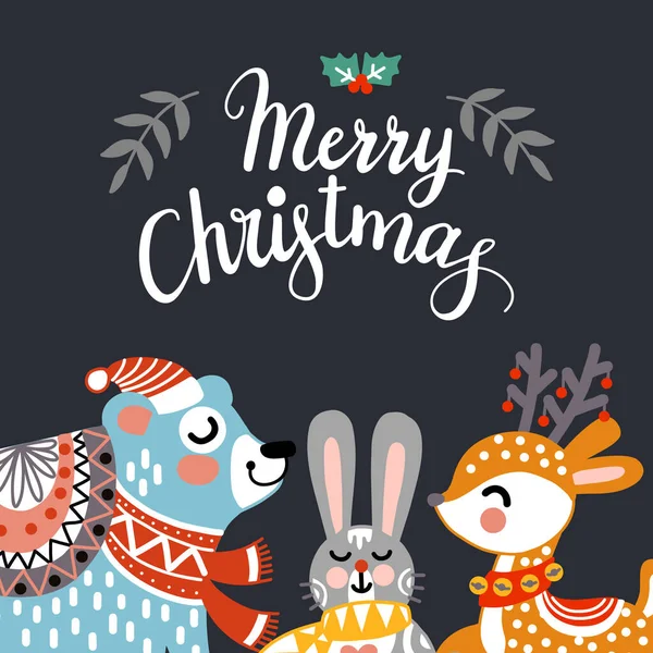 stock vector Square greeting card with cute animals deer, bear and rabbit vector illustration on dark blue background. Merry Christmas lettering. For print, design, fabric, porcelain, bed linen, decor and party