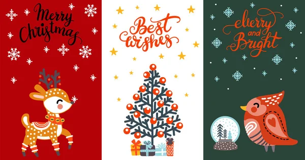 Set Vertical Cards Cute Animals Deer Northern Cardinal Christmas Tree — Stock Vector