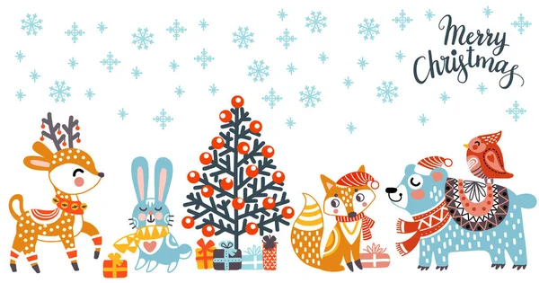 Horizontal Greeting Card Cute Animals Deer Bear Rabbit Fox Gifts — Stock Vector