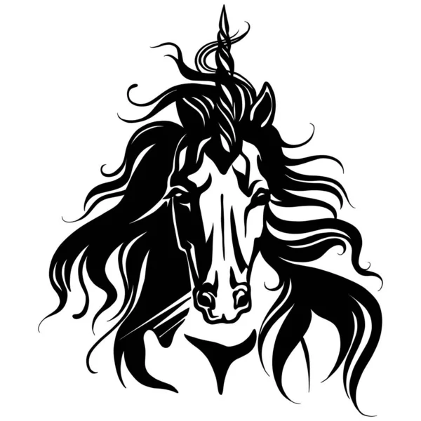Retrato Contorno Negro Unicornio Cabeza Unicornio Vista Frontal Ilustración Vectorial — Vector de stock