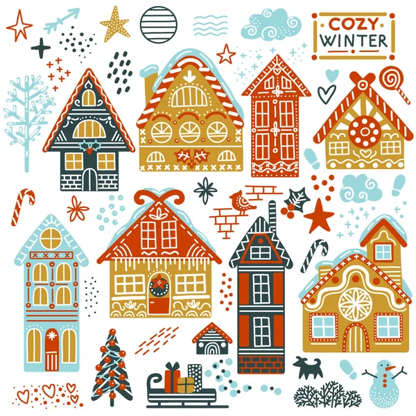 Zestaw Uroczych Izolowanych Domków Piernikowych Śnieżnymi Dachami Elementami Bożonarodzeniowymi Ilustracja — Wektor stockowy