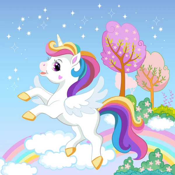 Unicorno Magico Carino Con Criniera Arcobaleno Coda Nel Cielo Bambini — Vettoriale Stock