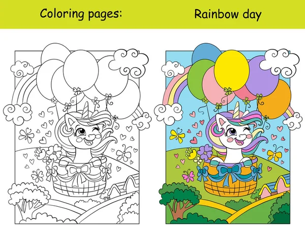 Słodki Jednorożec Latający Balonach Dzieci Kolorowanki Strony Książki Szablonem Kolorów — Wektor stockowy