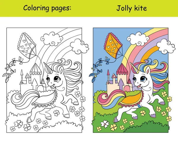 Cute Summer Unicorn Kite Kids Coloring Color Template Vector Cartoon — Stock Vector