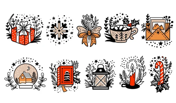 Set Different Christmas Line Art Doodle Icons Colorful Isolated Vector — Stock Vector
