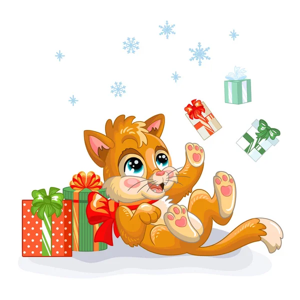 Cute Red Kitten Playing Christmas Gifts Cartoon Character Vector Isolated — Stock Vector