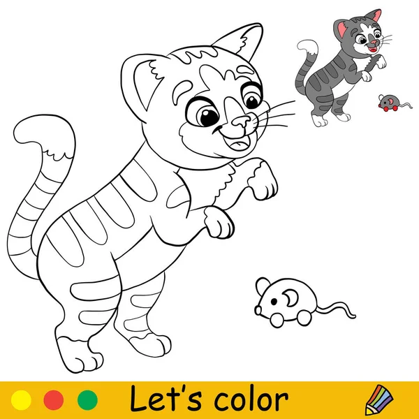Lindo Gato Jugando Con Juguete Ratón Página Libro Para Colorear — Archivo Imágenes Vectoriales