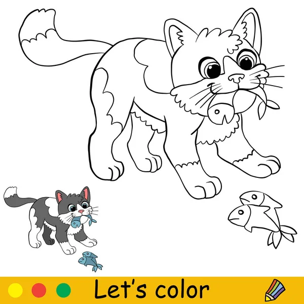 Şirin Kedi Balık Yiyor Çocuklar Için Renk Şablonlu Boyama Kitabı — Stok Vektör