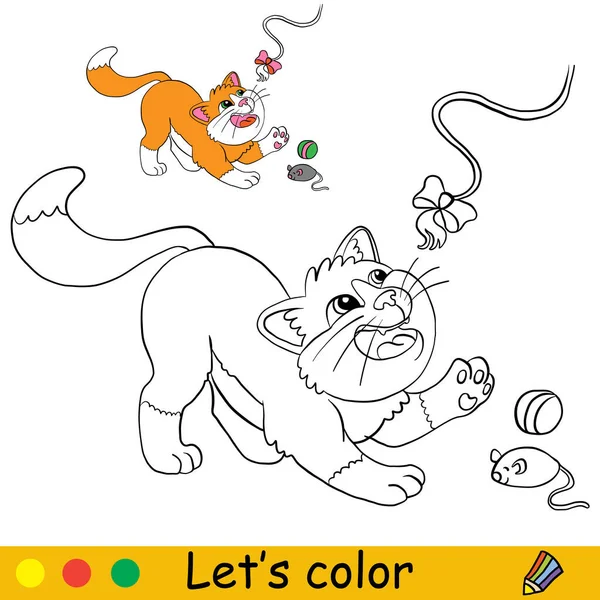 Oyuncaklarla Oynayan Sevimli Bir Kedi Çocuklar Için Renk Şablonlu Boyama — Stok Vektör