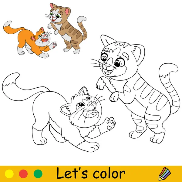 Dos Lindos Gatos Juguetones Página Libro Para Colorear Con Plantilla — Archivo Imágenes Vectoriales