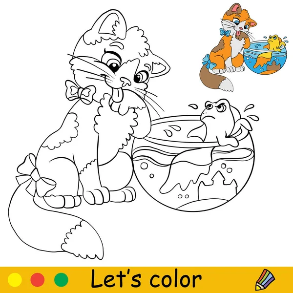 Akvaryum Balıklı Şirin Kedi Yavrusu Çocuklar Için Renk Şablonlu Boyama — Stok Vektör