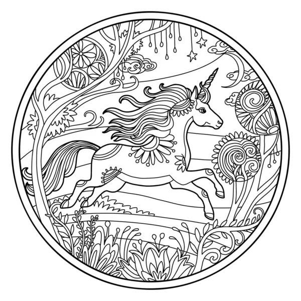 Menjalankan Unicorn Dalam Bentuk Bundar Bingkai Bunga Tangan Menggambar Kuda - Stok Vektor