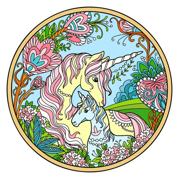 Unicorn Dan Foal Dalam Bentuk Bundar Bingkai Bunga Warna Gambar - Stok Vektor
