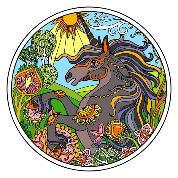 Black Unicorn Flower Frame Shape Color Picture Fantasy Horse Drawn — Stock Vector
