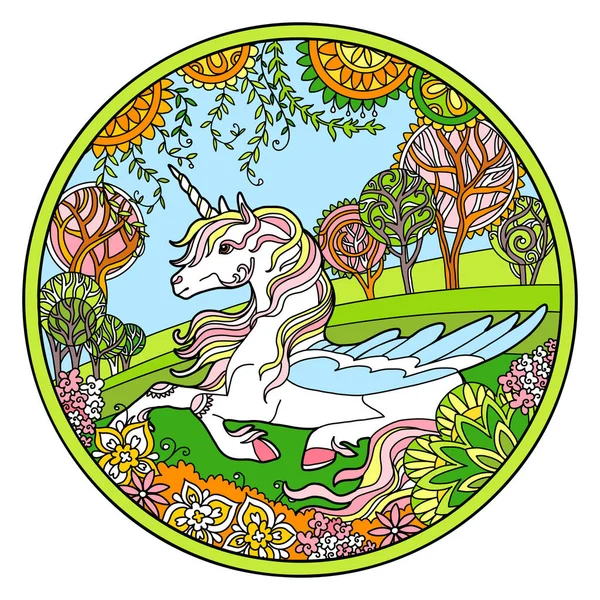Pegasus Dalam Bentuk Bundar Bingkai Bunga Warna Gambar Dengan Fantasi - Stok Vektor