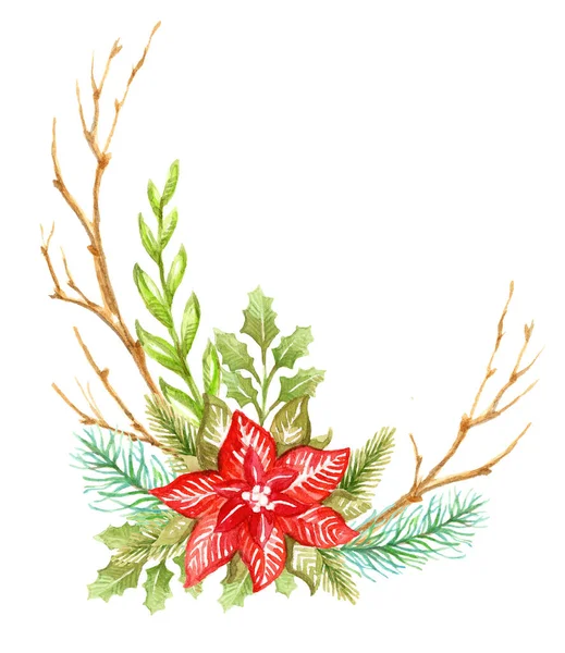 Decoratieve Bloemcompositie Met Takken Kerstboom Poinsettia Aquarel Realistische Hand Getekend — Stockfoto