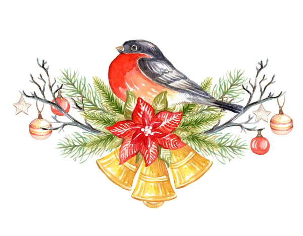 Floral Horizontal Composition Christmas Tree Bells Bullfinch Watercolor Realistic Hand — Stock Photo, Image