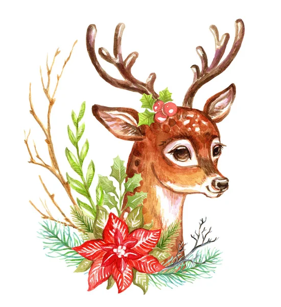 クリスマスリースとかわいい鹿 手はクリスマスとハッピーニューイヤーシーズンのための水彩画を描きました カード ソーシャルポスト カバー 販売バナー 招待状のためのデザイン 絶縁図 — ストック写真