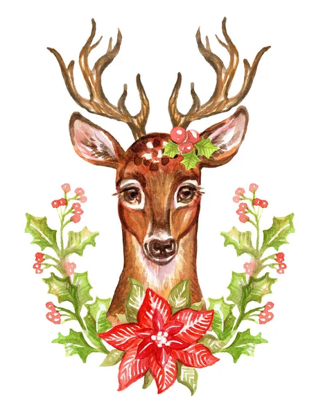 Lindo Ciervo Cerca Corona Navidad Acuarela Dibujada Mano Para Navidad —  Fotos de Stock