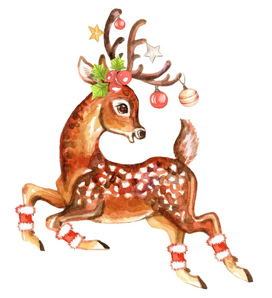 Niedliche Elegante Hirsche Mit Weihnachtskugeln Hörnern Handgemalte Aquarellzeichnung Für Weihnachten — Stockfoto