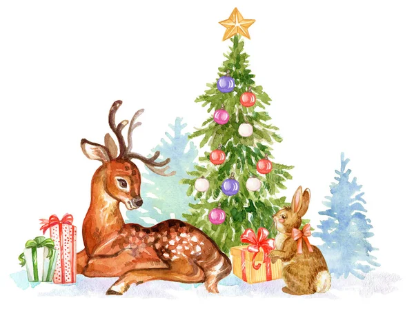 Spotted deer in winter forest with rabbit, spruce and gifts. Watercolor hand drawn illustration. Hand painted drawing. Winter background. For cards, decor, porcelain, cover, sale banner, invitation