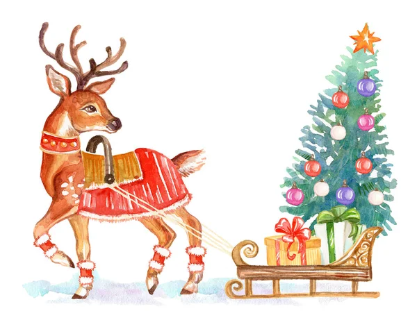 Benekli Geyik Hediyeler Noel Ağacıyla Kızağa Bağlanmış Suluboya Çizimi Çizimi — Stok fotoğraf
