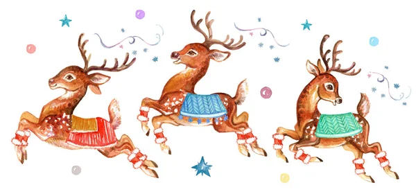 Cute elegant spotted Christmas deers set. Hand painted watercolor drawing for Christmas and New Year season. Design for sale banner, cards, social post, cover, invitation, print. Isolated illustration