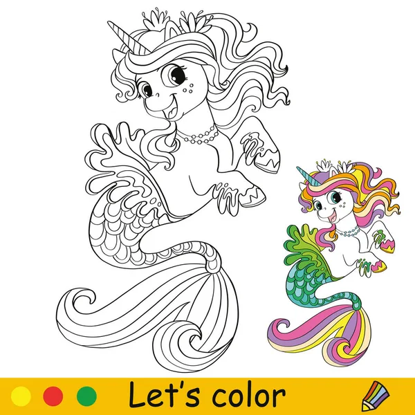 Carino Felice Sirena Unicorno Pagina Libri Colorare Bambini Con Modello — Vettoriale Stock