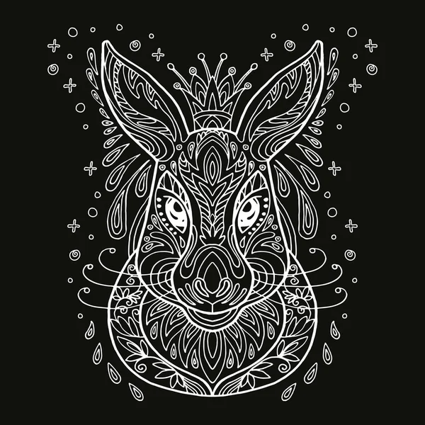ウサギのベクトル装飾ドアの装飾ヘッド 黒の背景に孤立したウサギの白い輪郭の抽象的なベクトル図 デザイン 入れ墨 パズルのためのストックイラスト — ストックベクタ