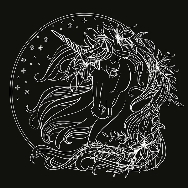 Vektor Dekoratif Corat Coret Kepala Unicorn Dengan Bunga Ilustrasi Vektor - Stok Vektor