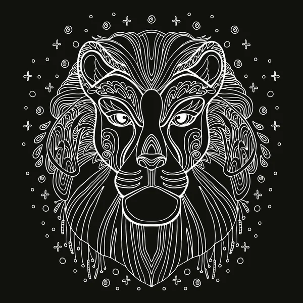 ベクトル装飾ドアの飾りライオンの頭 黒の背景に孤立したライオンの白い輪郭の抽象的なベクトル図 大人の着色 デザイン パズルやタトゥーのためのイラスト — ストックベクタ