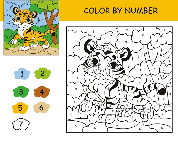 Coloriage Puzzle Avec Nombre Couleur Pour Les Enfants Avec Tigre — Image vectorielle