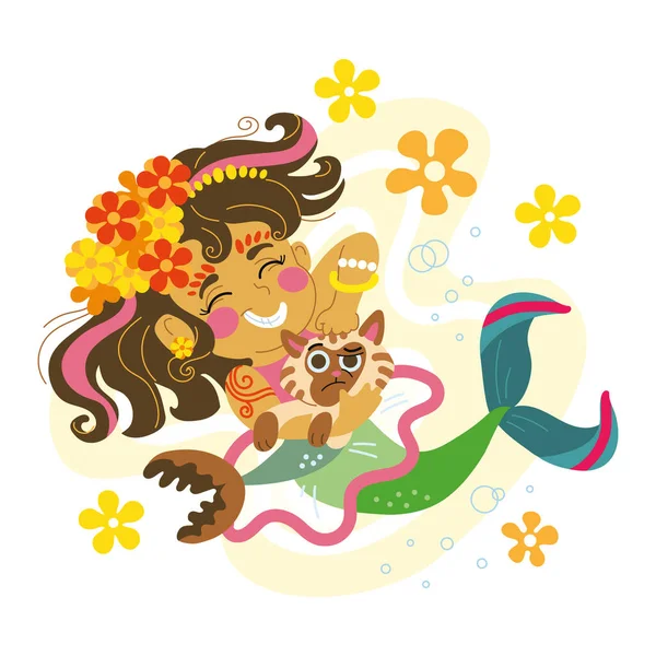 Lindo Paseo Sirena Con Gato Mar Ilustración Dibujos Animados Vectoriales — Vector de stock