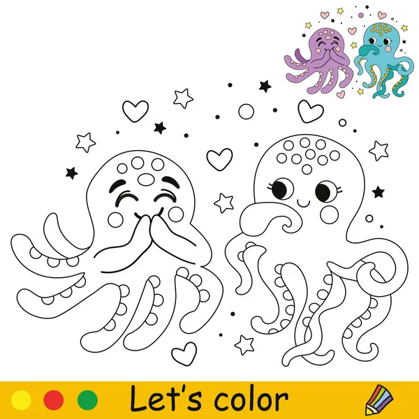 Roztomilé Dvě Chobotnice Vektorová Kreslená Ilustrace Dětské Omalovánky Vzorkem Barev — Stockový vektor