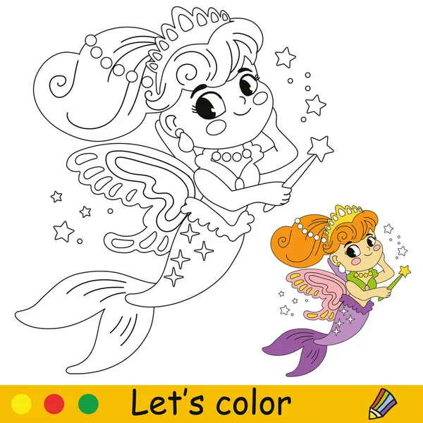 Cute Bajki Syrena Magiczna Różdżka Ilustracja Kreskówki Wektora Kolorowanki Dla — Wektor stockowy