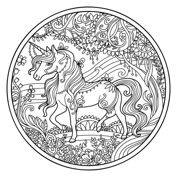 Halaman Buku Mewarnai Vektor Menghiasi Unicorn Dengan Bunga Ajaib Komposisi - Stok Vektor