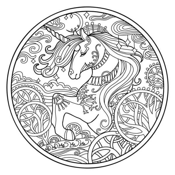 Halaman Buku Mewarnai Vektor Menghiasi Unicorn Dengan Bunga Ajaib Komposisi - Stok Vektor