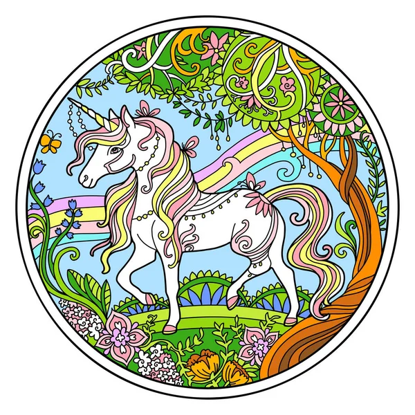 Unicorno Bianco Colorato Stilizzato Disegnato Mano Con Illustrazione Vettoriale Fiori — Vettoriale Stock