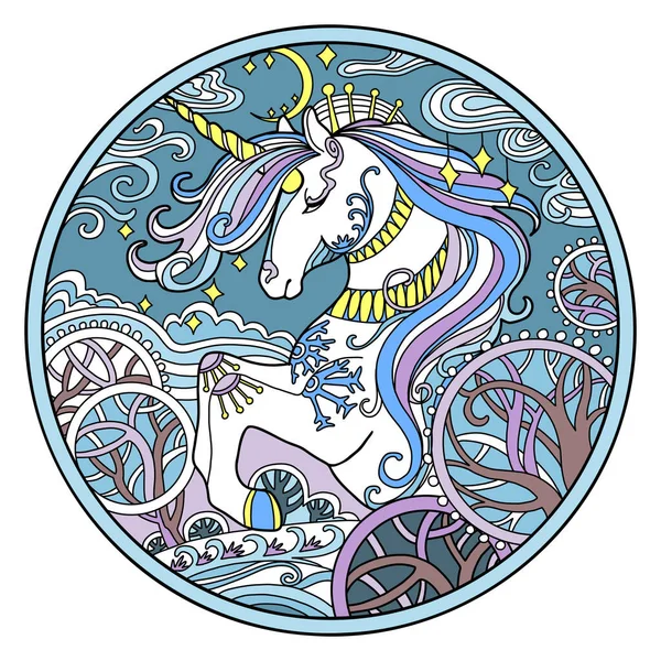 Tangan Yang Bergaya Menggambar Unicorn Musim Dingin Berwarna Dengan Ilustrasi - Stok Vektor