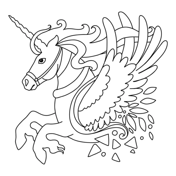 Winged Unicorn Tangle Design Hand Drawn Doodle Vector Illustration Template — Stock Vector