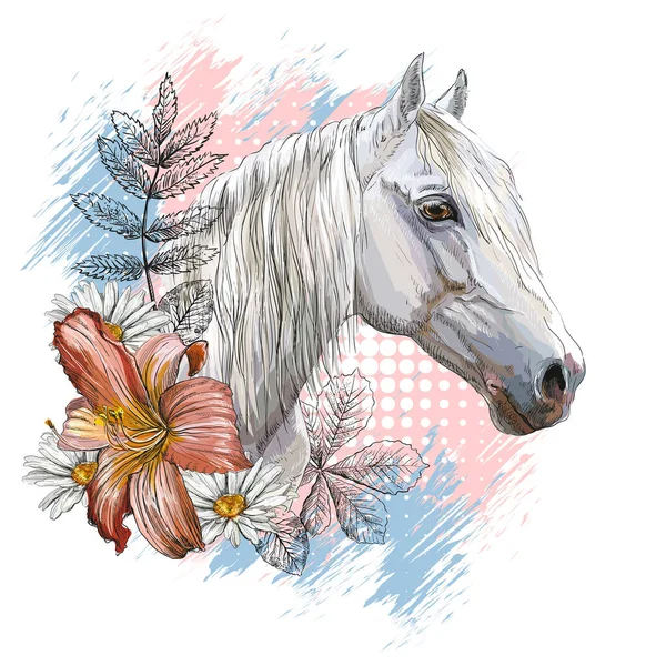Porträt Eines Weißen Pferdes Lilienblüten Und Blätter Handgezeichneter Stildruck Vektor — Stockvektor