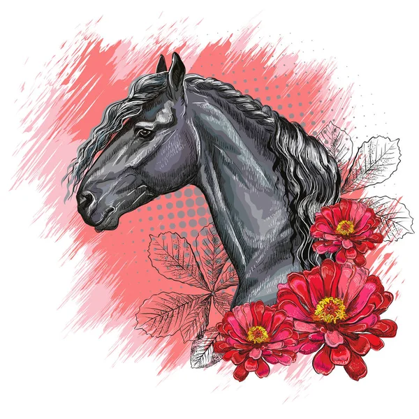 Portrait Black Horse Zinnia Flowers Leaves Hand Drawn Style Print — Stock Vector