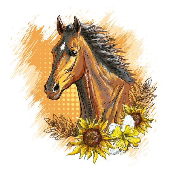 Laufendes Pferd Mit Langer Mähne Sonnenblumen Und Blättern Handgezeichneter Stil — Stockvektor
