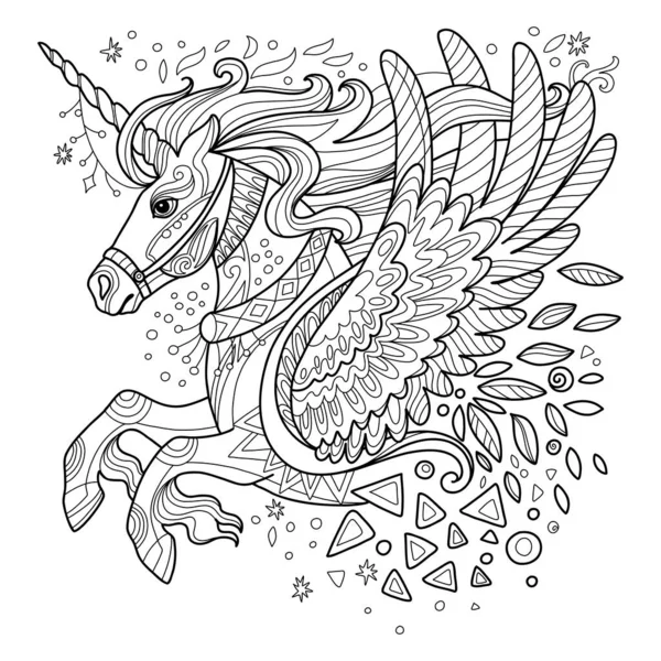 Bergaya Unicorn Dengan Sayap Gambar Tangan Sketsa Hitam Kontur Vektor - Stok Vektor