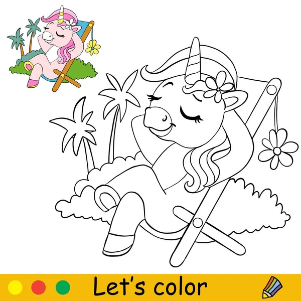 Lindo Unicornio Está Acostado Una Chaise Longue Niños Colorear Página — Vector de stock
