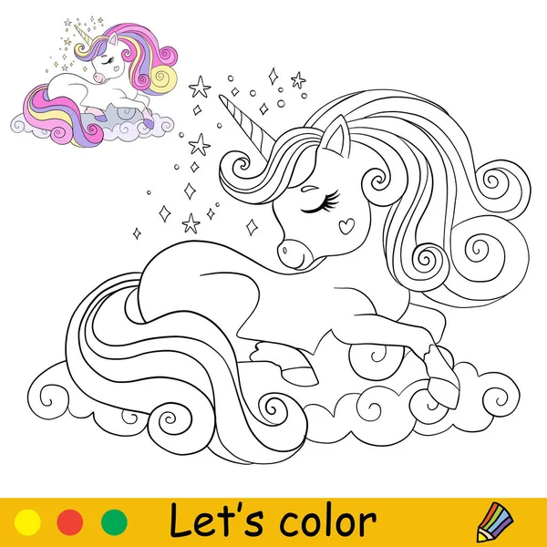 Lindo Unicornio Soñador Feliz Niños Colorear Página Del Libro Con — Vector de stock