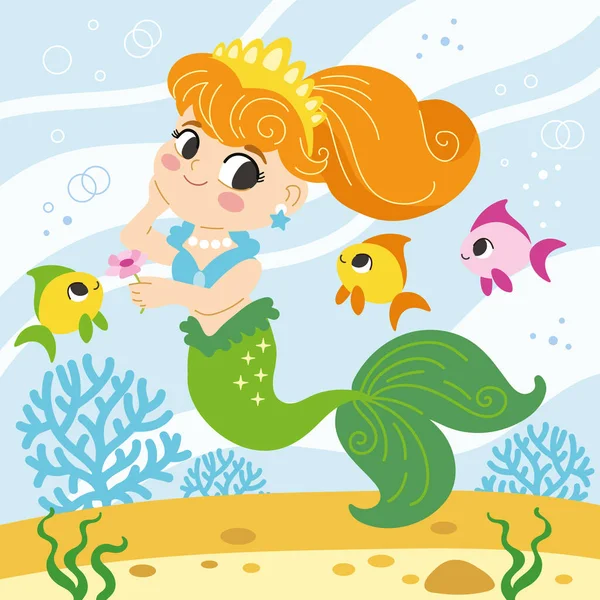 魚の友人とかなりかわいい美しい人魚 フラットスタイルのベクトル漫画のイラスト 水中世界 デザイン ポスター ステッカー カード 装飾やTシャツのデザインのために — ストックベクタ