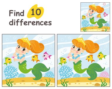 Çocuklar için eğitici bir oyun. Şablonla 10 farklılık bul. Şirin bir denizkızı ve sualtı dünyasında balıklar. Çocuk çalışma kitapları, baskılar, dekorasyonlar ve tasarım için vektör illüstrasyonu.