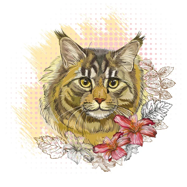 Söt Maine Coon Katthuvud Med Blommor Närbild Kattporträtt Hej Bokstäver — Stock vektor
